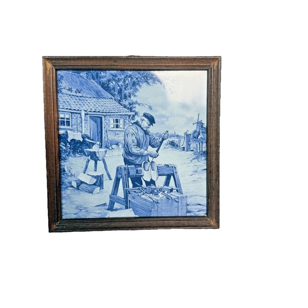 Delft Style Wood Framed Blue & White Tile -Artisan Made tile- made in Holland